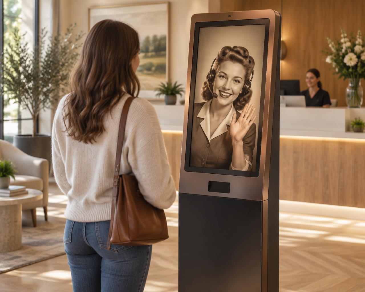 Patient greeted by Nessa, a 1940s-style operator, on a sleek clinic kiosk
